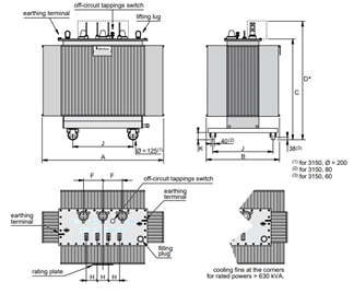 General arrangement and dimensional drawing of a distribution transformer